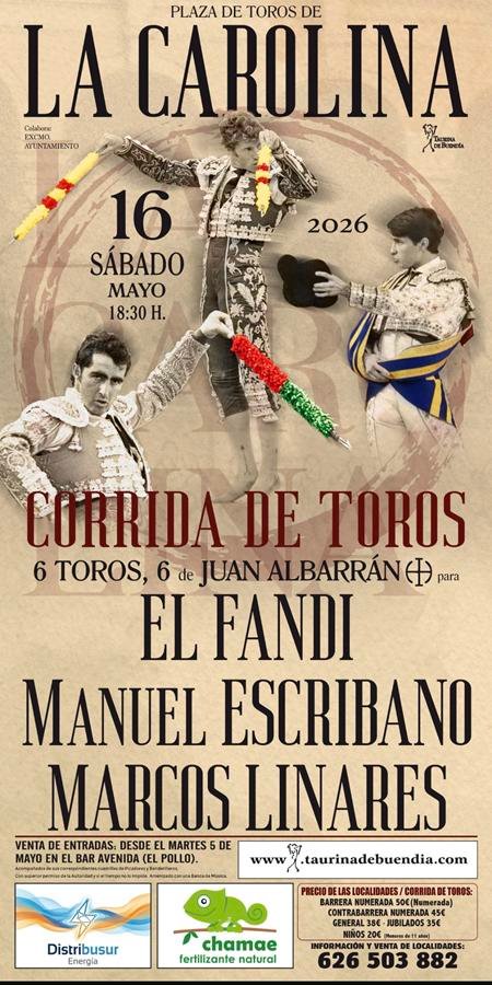 Dos matadores banderilleros y una joven promesa en el cartel del 16 de Mayo en La Carolina