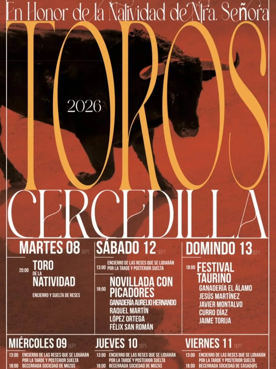 Feria taurina de Cercedilla 2026 con novillada picada y festival taurino