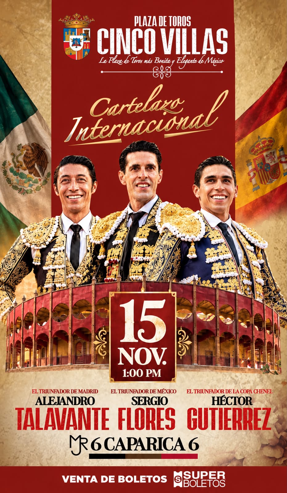 Sergio Flores, Alejandro Talavante y Héctor Gutiérrez con toros de Caparica en Cinco Villas (México)