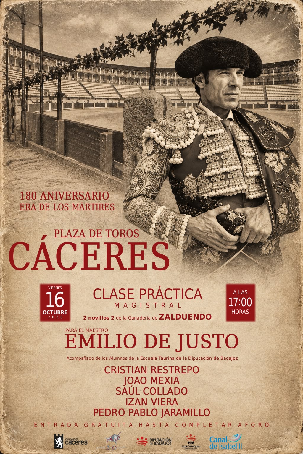 Lances de Futuro organiza una clase práctica con Emilio de Justo en Cáceres, dentro del 180 aniversario de la plaza