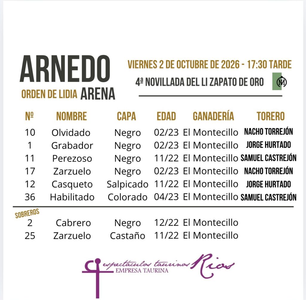 "Habilitado" de El Montecillo cierra el Zapato de Oro de Arnedo Ya han sido sorteados y enchiquerados los novillos de El Montecillo que cierran este viernes la feria del Zapato de Oro de Arnedo. A partir de las 17:30 horas, harán el paseíllo Nacho Torrejón, Jorge Hurtado y Samuel Castrejón.