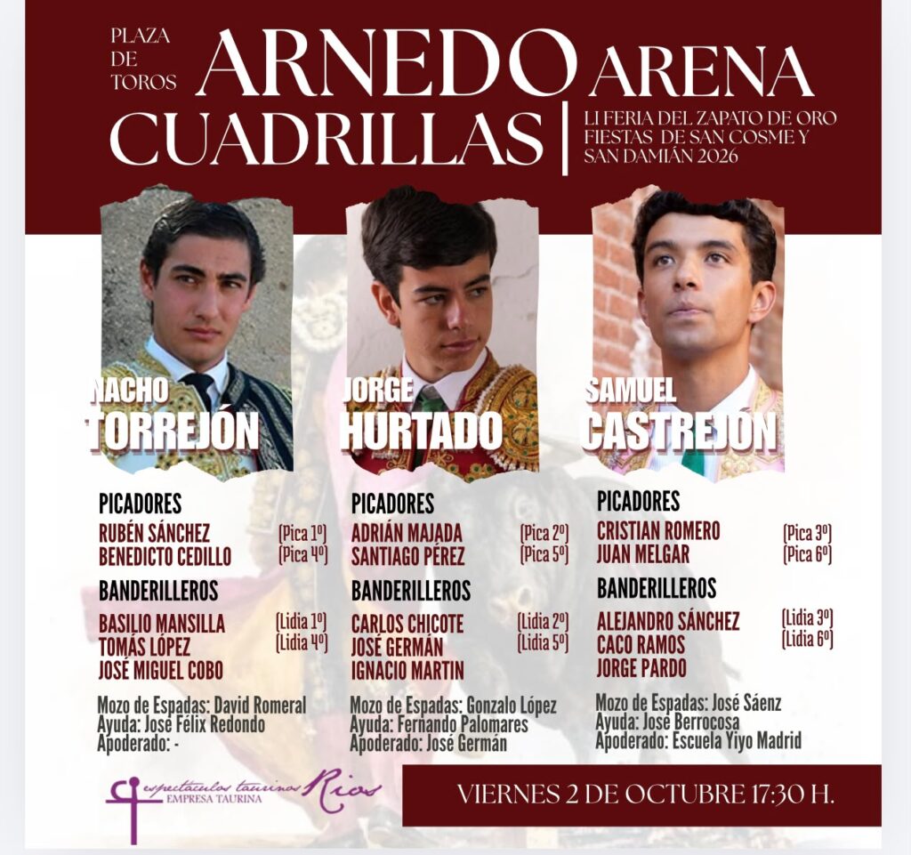 "Habilitado" de El Montecillo cierra el Zapato de Oro de Arnedo Ya han sido sorteados y enchiquerados los novillos de El Montecillo que cierran este viernes la feria del Zapato de Oro de Arnedo. A partir de las 17:30 horas, harán el paseíllo Nacho Torrejón, Jorge Hurtado y Samuel Castrejón.