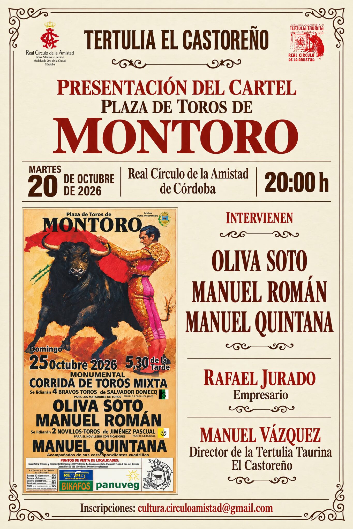 La Tertulia Taurina «El Castoreño» presenta el cartel de la corrida de toros mixta de Montoro en el Real Círculo de la Amistad de Córdoba